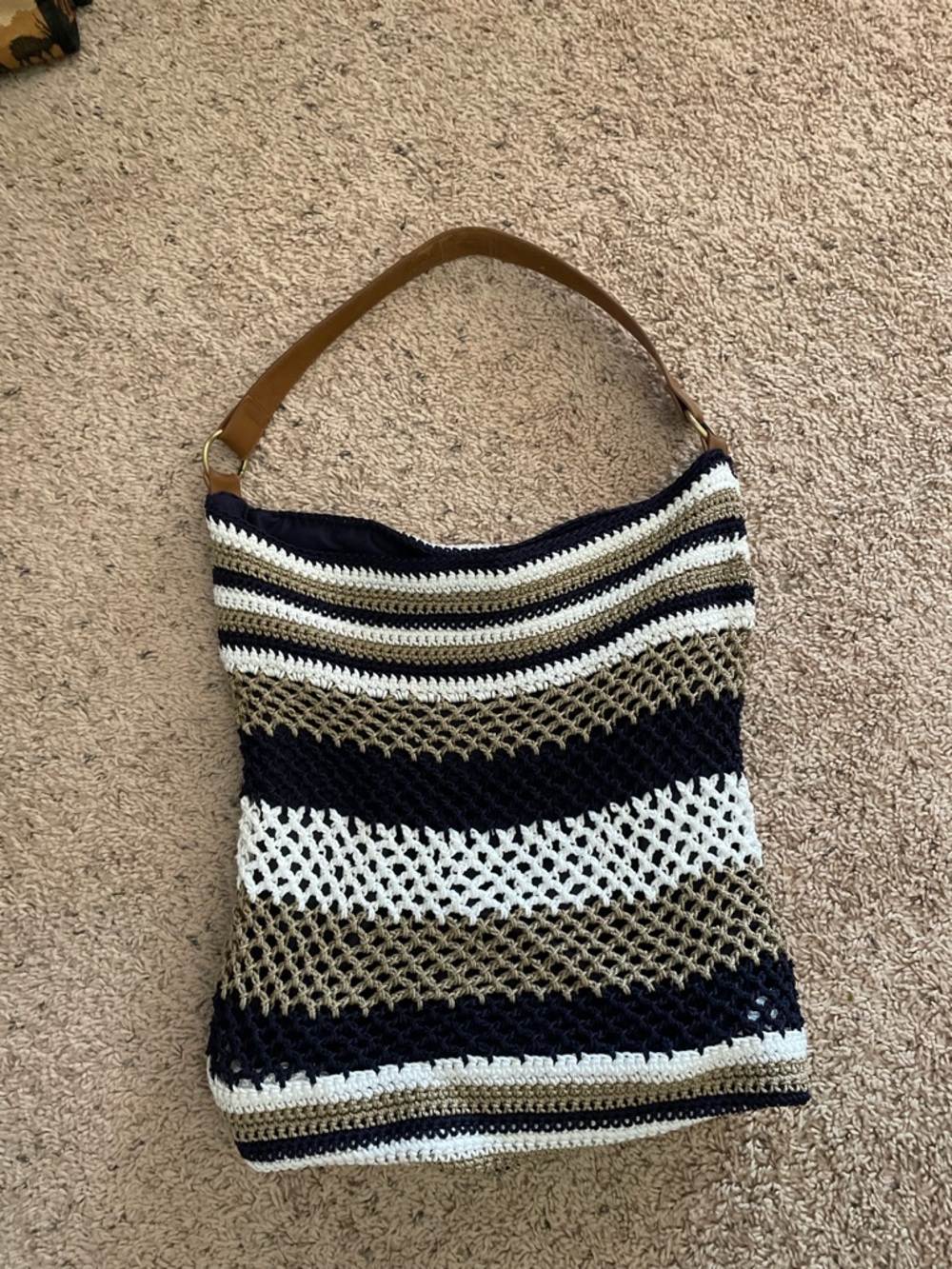 Striped Crochet Shoulder Bag in Navy, Cream & Tan